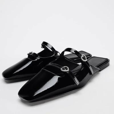 Patent Leather Black Women Flats  Spring Diamond Buckle Strap Big Size Retro Square Toe Luxury  Ladies Mules Shoes
