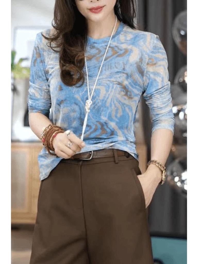 Women's 2025 Retro Print Mesh Long Sleeve T-Shirt – Stylish, Versatile Inner Layer Fashion Top