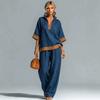 Womens Blue Short Sleeve Top with Wide Leg Pants Set Zip Front Casual Outfit