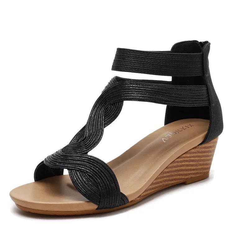Fashion Women's Bohemia Fish Mouth Wedge Sandals Platform Gladiator Shoes with Zipper Summer PU Jelly Shoes for Women Flat Sandals