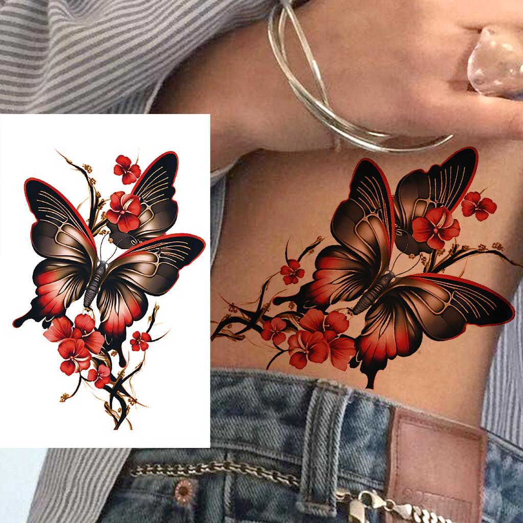1 Sheet Sexy Butterfly Plum Rose Temporary Tattoos For Women Girls Watercolor Fake Flower Tattoo Sleeve Waterproof Decoration