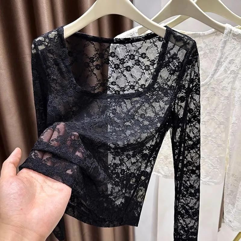 Ice Silk Mesh Sun Protection Blouse T-shirt for Women New Pure Lust Sexy Hottie Hollow Tulle Lace Top