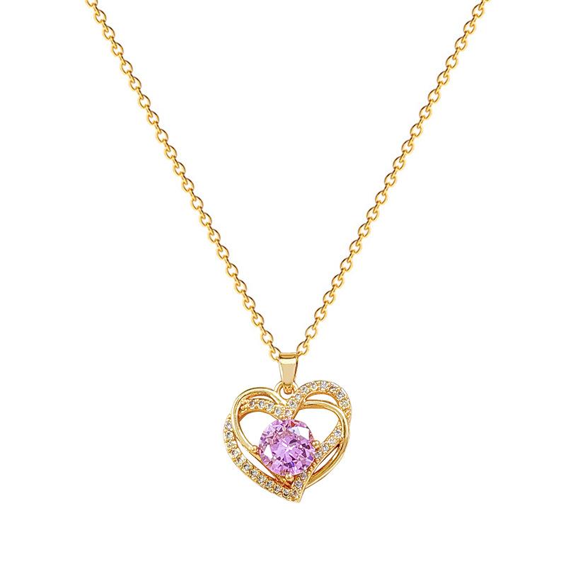 Pink Double-Layer Love Full Diamond Light Luxury Temperament Gorgeous Full Diamond Necklace Female Versatile Collarbone Chain Titanium Steel