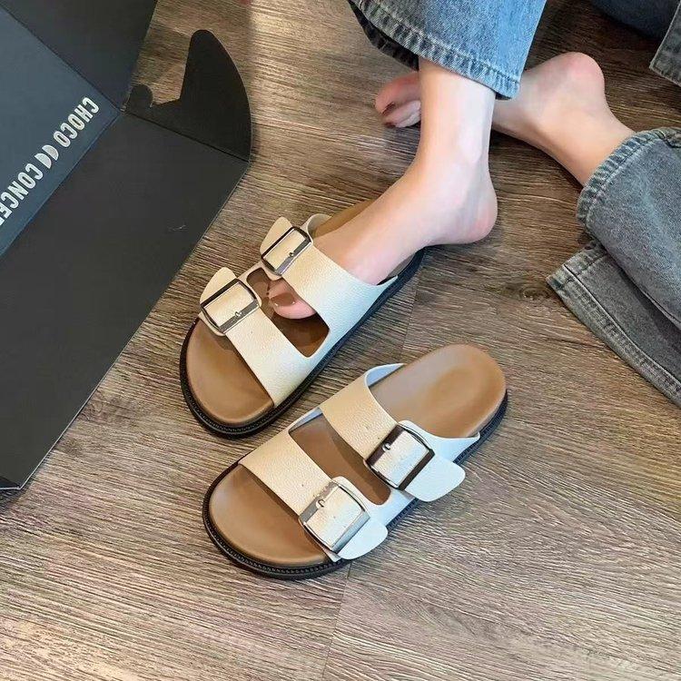 Birkencool Slippers Women'S Summer New Versatile Flat Bottom One Word With Square Buckle Thick Bottom Beach Birkencool Slippers