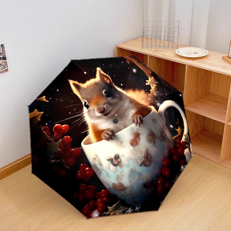 1 PC Automatic Folding Umbrella - Squirrel and Hedgehog Pattern, Portable & Foldable Design with 8 Ribs, Christmas Birthday Gifts