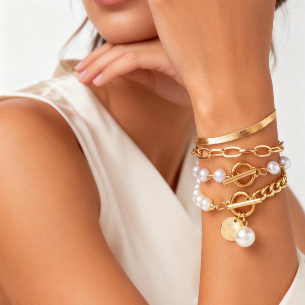 Hot-selling stacked bracelet light luxury hip-hop style imitation pearl snake bone chain alloy OT buckle bracelet five-piece set
