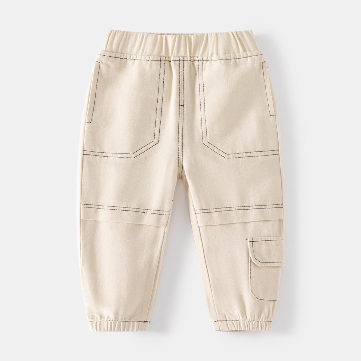 Spring boys  cargo slacks Trendy children s cargo pants Off-white knee-spliced middle and high school children s trousers 90cm