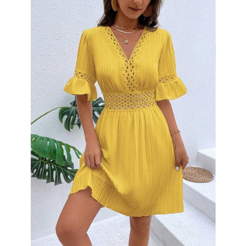 Vestidos casuales de cintura alta con cuello en V y mangas 1/2 con estampado de color sólido para verano y primavera a la moda para mujer