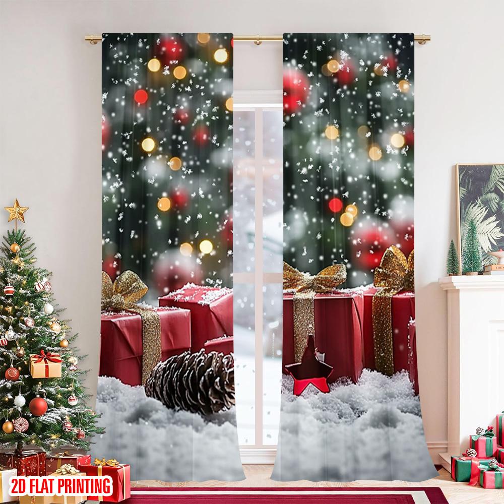 2 Stück 2D Flachdruck Weihnachtsfenstervorhänge Schneeflocke Baum Geschenk Vielseitig 100% Polyester Ohne Strom Familienfeier