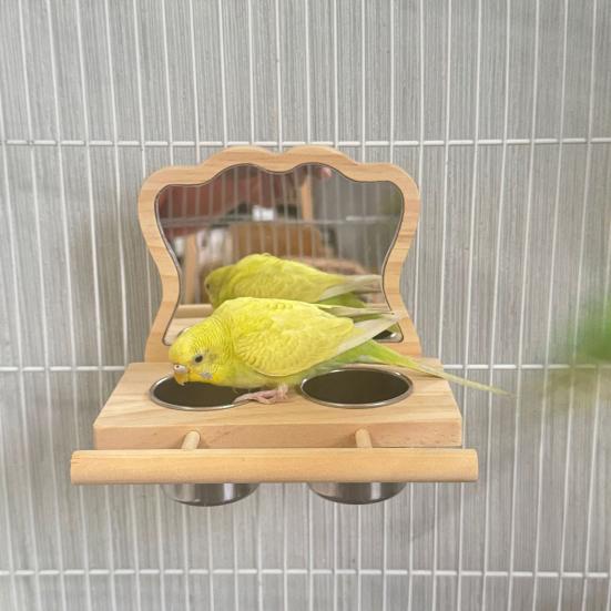 Bird Mirror with Perch Wooden Parrot Perch Feeder Bowls And Mirror Cage Accessories for Budgies Cockatiels Parakeets Canaries