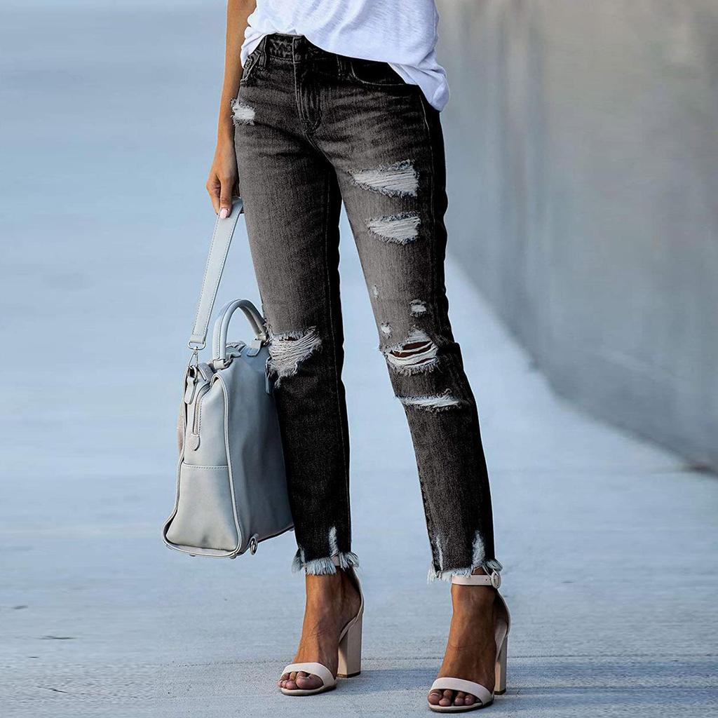 Women's Slim-Fit Ripped Straight-Leg Jeans - Versatile Solid Color