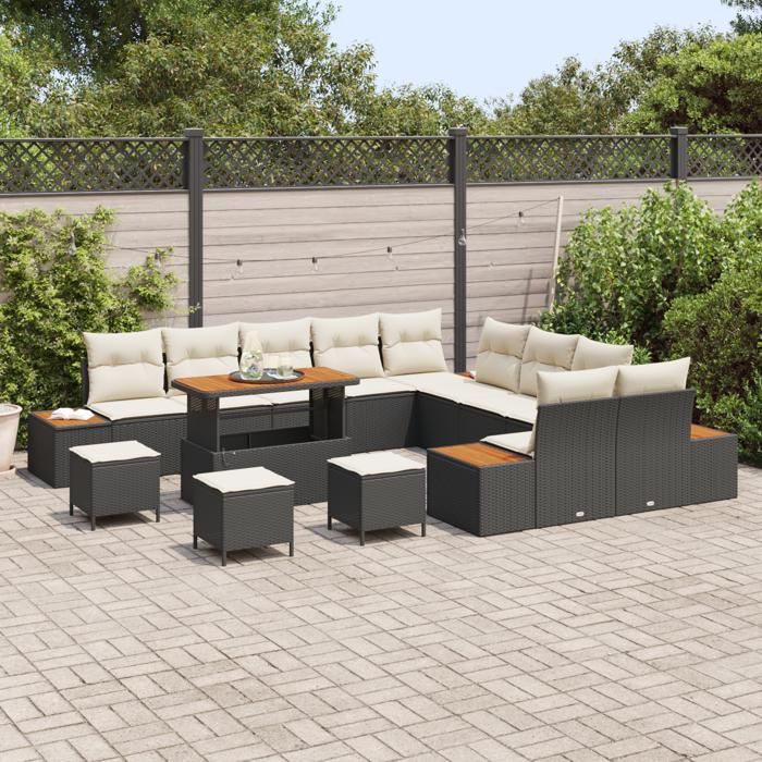 VidaXL Ensemble de canapé de jardin 14 pcs Noir Poly rotin, Ensemble de salon de jardin, canapé rectangulaire moderne, 3362980