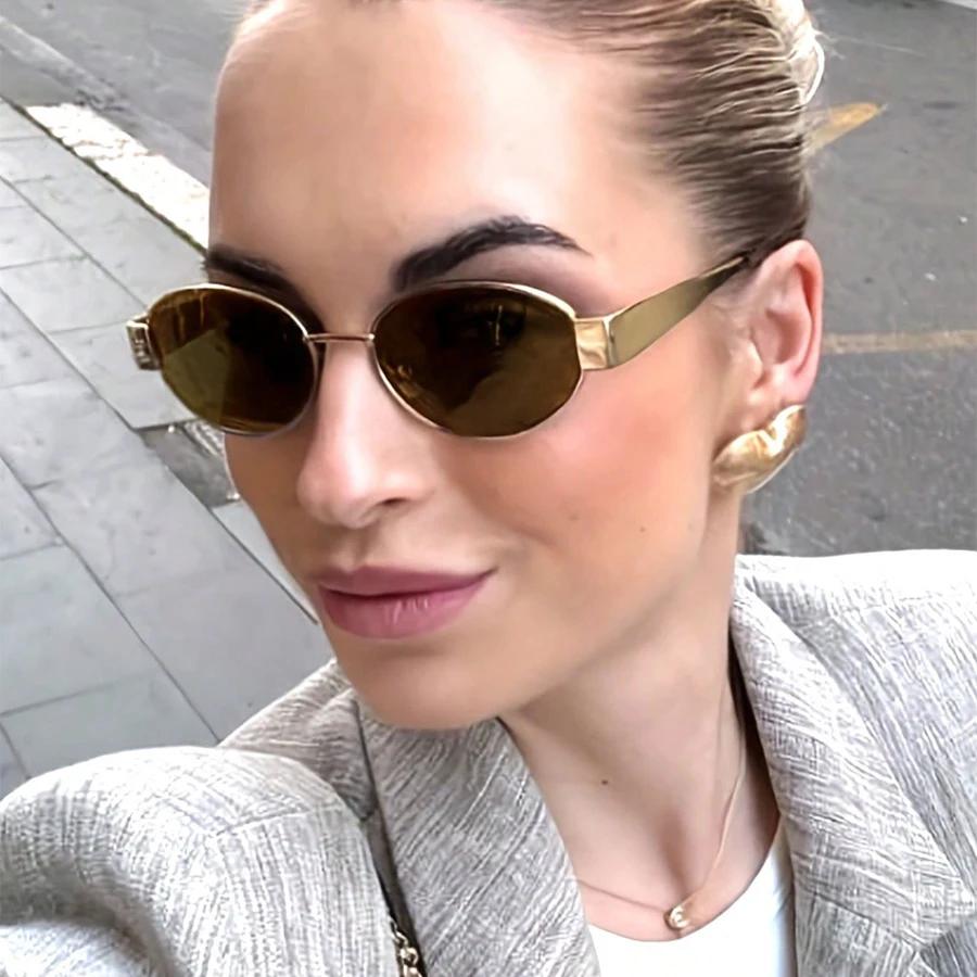 Vintage Oval Sunglasses  New Stylish Metal Rim Outdoor Shades Trendy Fashion Luxury Brand Design Anti-UV Sun Glasses