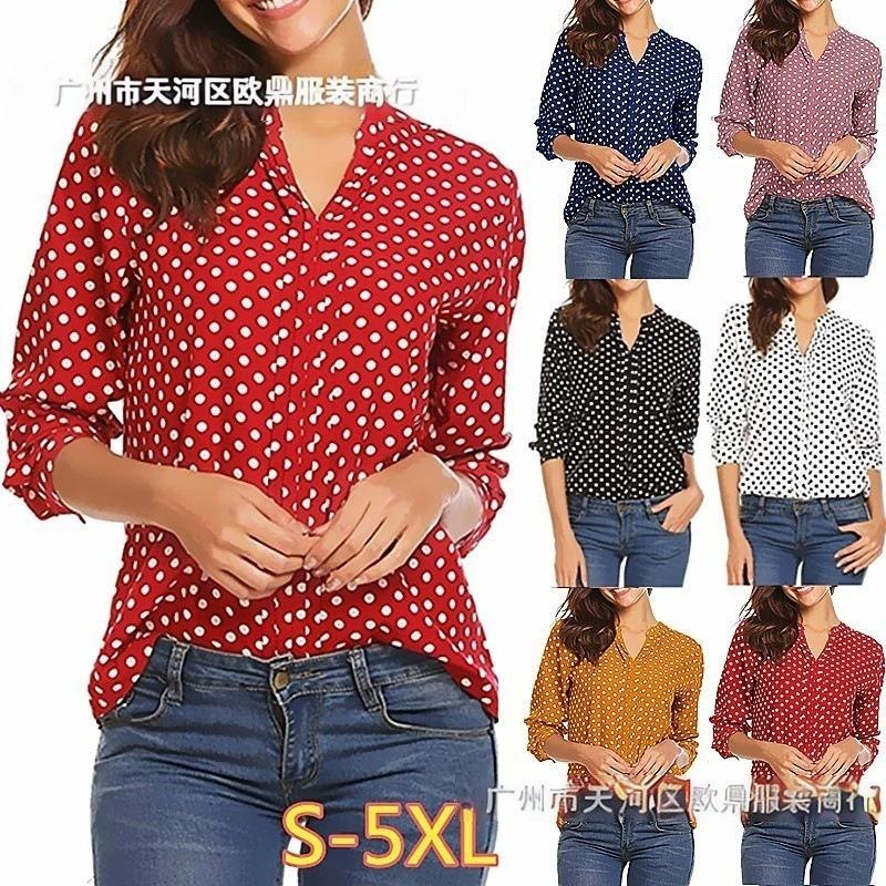 Women S Plus Size Long Sleeve V Neck Polka Dot Print Loose Blouse