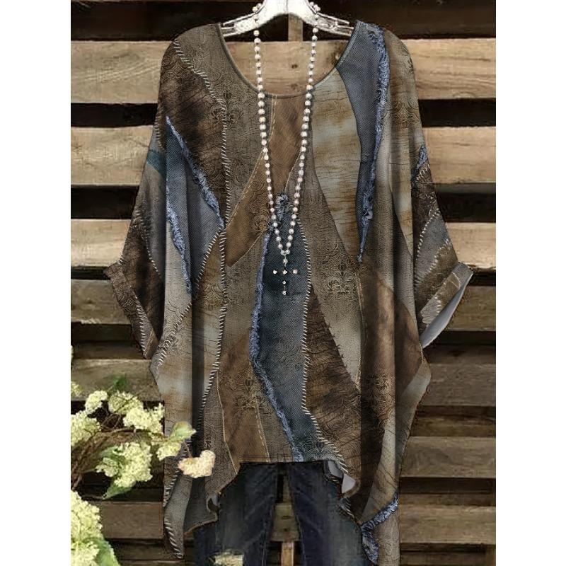 

Retro Women s Casual Short Sleeved T-shirt, All Season Comfortable Top, Irregular Striped Printed Clothing 5XL