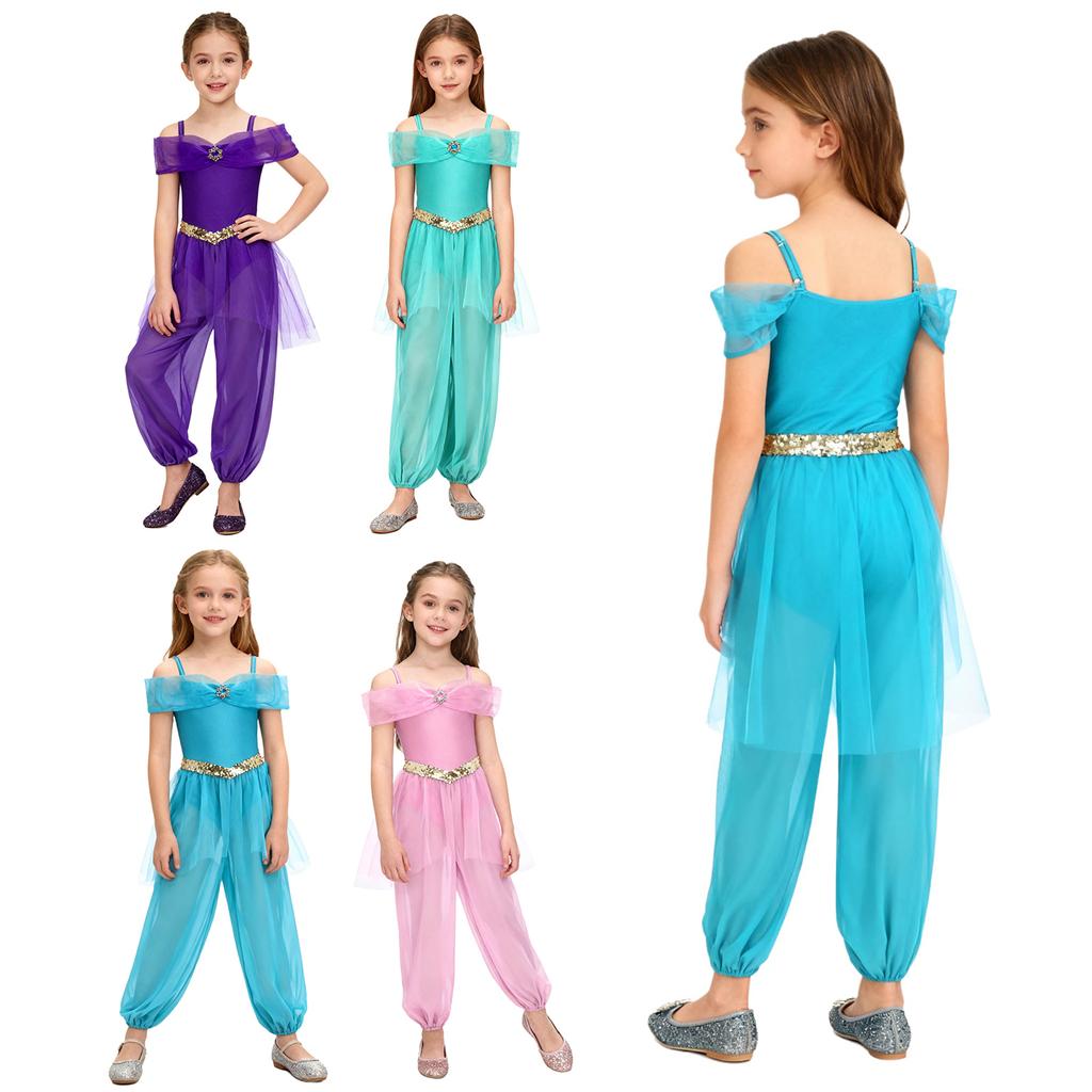 Kids Girls Arabian Princess Costume Rhinestone Adjustable Straps Sequins Decorative Waistband Mesh Overlay Long Pants With Built-in Briefs for Cosplay