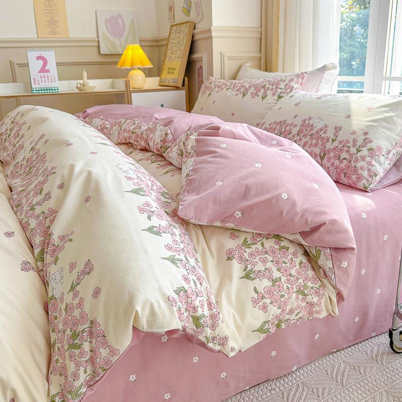 Garden Pink Flowers Pattern Duvet Cover Set 3Pcs Cute Rabbit Printed 100% Cotton Soft Comfortable Comforter Cover Bedding Set