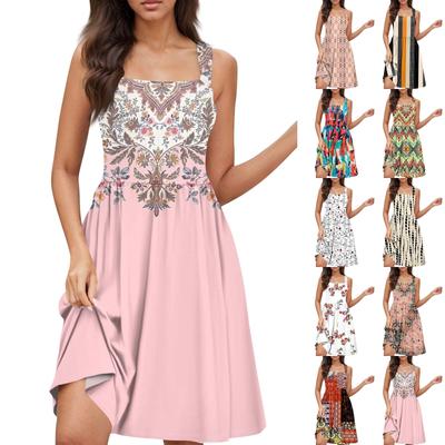 Damen Sommer Casual Square Neck Kleid mit Taschen Süßes ärmelloses A-Linien-Westen-Midikleid mit hoher Taille