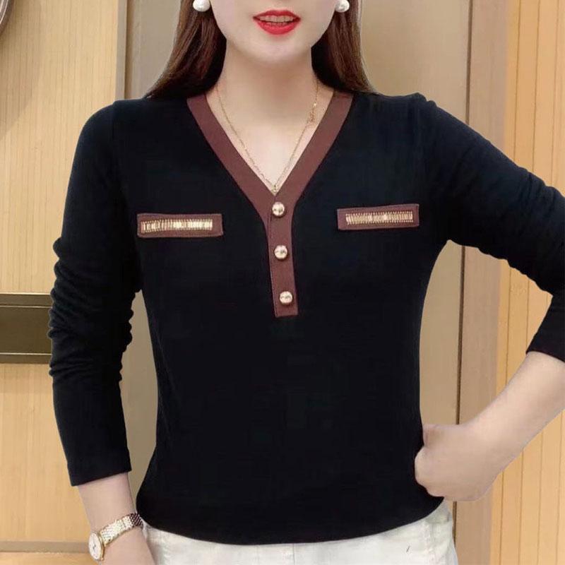 Casual Solid Color Spliced T-shirt Long Sleeve Commute V-Neck Spring Autumn Chic Diamonds Female Clothing Fashion Pullovers New