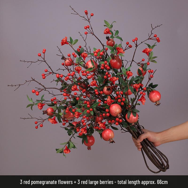 High-End Artificial Pomegranate Flower & Fruit Tree Branch Arrangement for Living Room or Dining Table Decor.