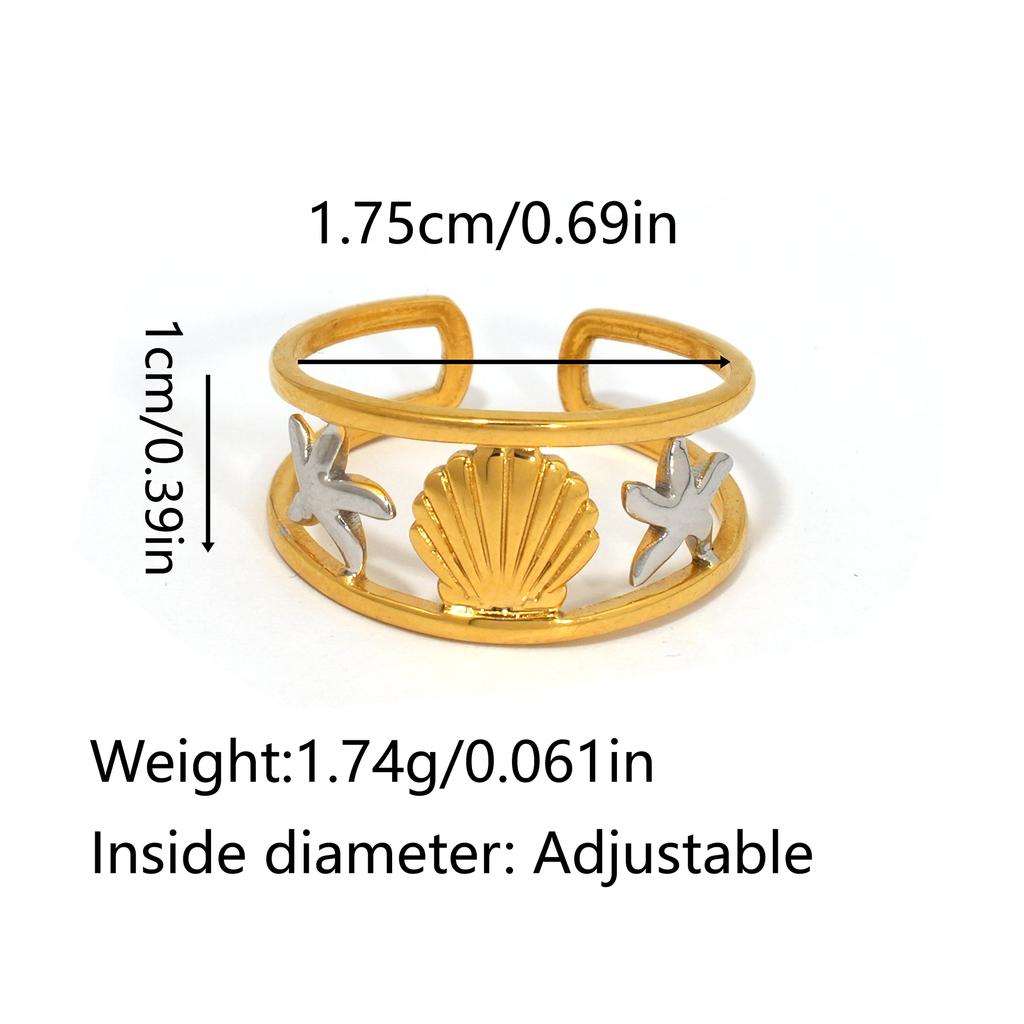 18K Gold-Plated Stainless Steel Rings Waterproof Minimalist Party Gift Coconut Tree Starfish Shell Ring ,For Vacation,Waterfront