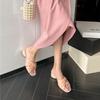 Meotina Frauen Echtes Leder Slides Mid Heel Sommer Karree Sandalen Dicke Ferse Plissee Dame Schuhe Grün Rosa Schaffell