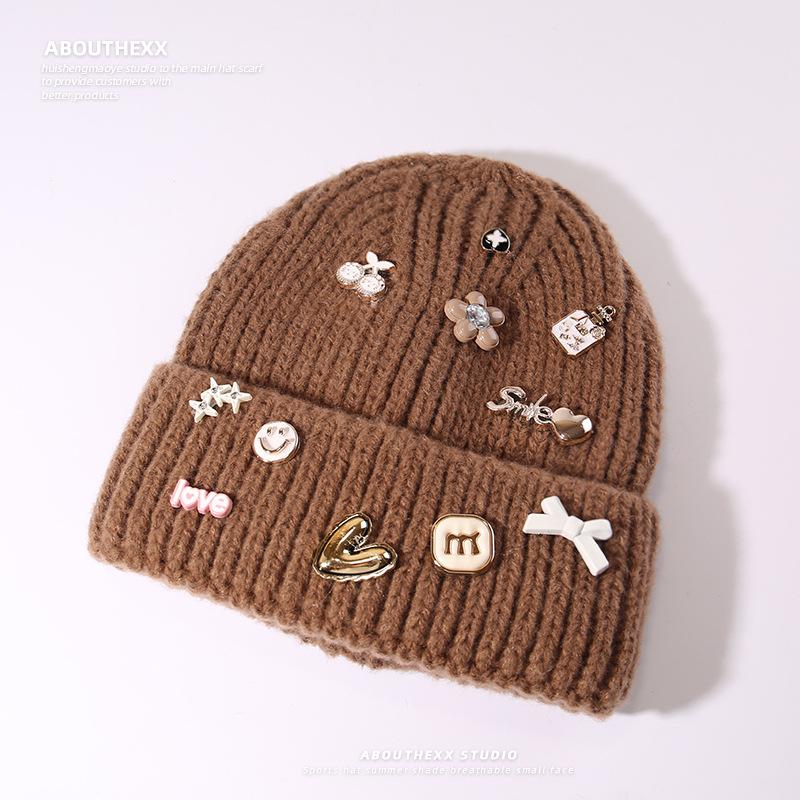 New Autumn and Winter Hat Women's Multi Button Thick Thread Knitted Woolen Hat Warm Ear Protection Bag Head Hat Pullover Cold Hat