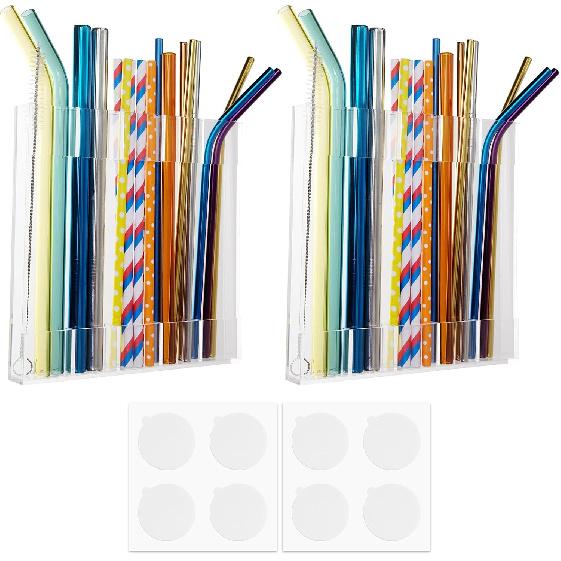 2 Pack Large Acrylic Straw Holder,Straw Rack with Double Sided Tape Organizer,Reusable Straws for Counter Cabinet Cupboard Kitchen (Clear)