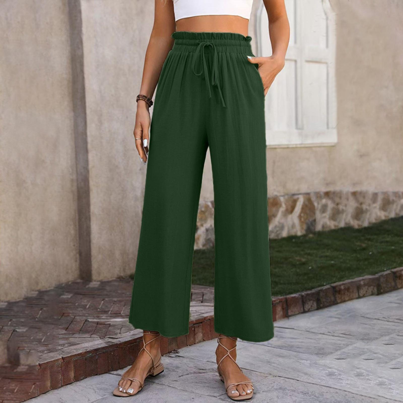 

Women s Fashionable Loose-Fit Pocket Cotton-Linen Blend High-Waisted Wide-Leg Pants Casual Cropped Trousers L армия зеленый