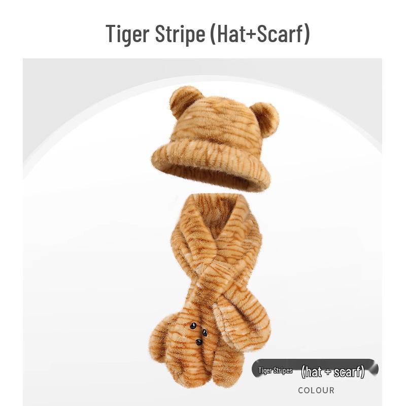 Women's Thickened Warm Scarf & Little Bear Fisherman Hat with Neck Protection, Trendy Cartoon Leopard Print Color Block.