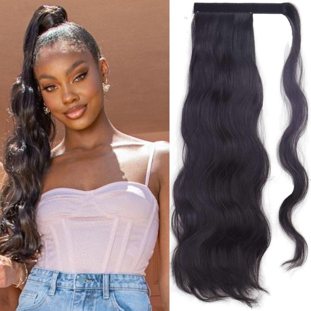 XINRAN Langer, gewellter Pferdeschwanz zum Umwickeln, synthetischer Pferdeschwanz, Clip-in-Haarteil, schwarz-blond, burgunderfarbener Wellen-Pferdeschwanz für Frauen