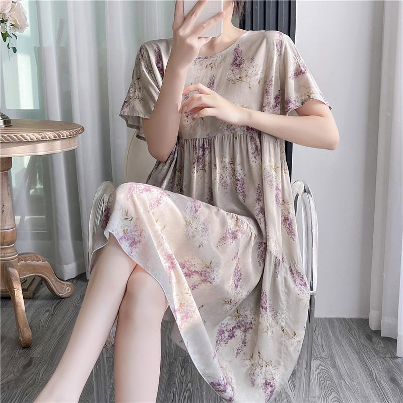 Cotton and silk nightgown women's summer thin short-sleeved cartoon printed pajamas can be worn outside long large size loose knee pajamas