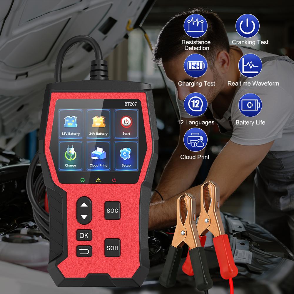 BT207 Tester Baterii Samochodowej Detektor Baterii Samochodowej Drukowanie w Chmurze Akcesoria Samochodowe Cyfrowe Narzędzie Diagnostyczne 12V 24V Inteligentny Cyfrowy Wyświetlacz LCD