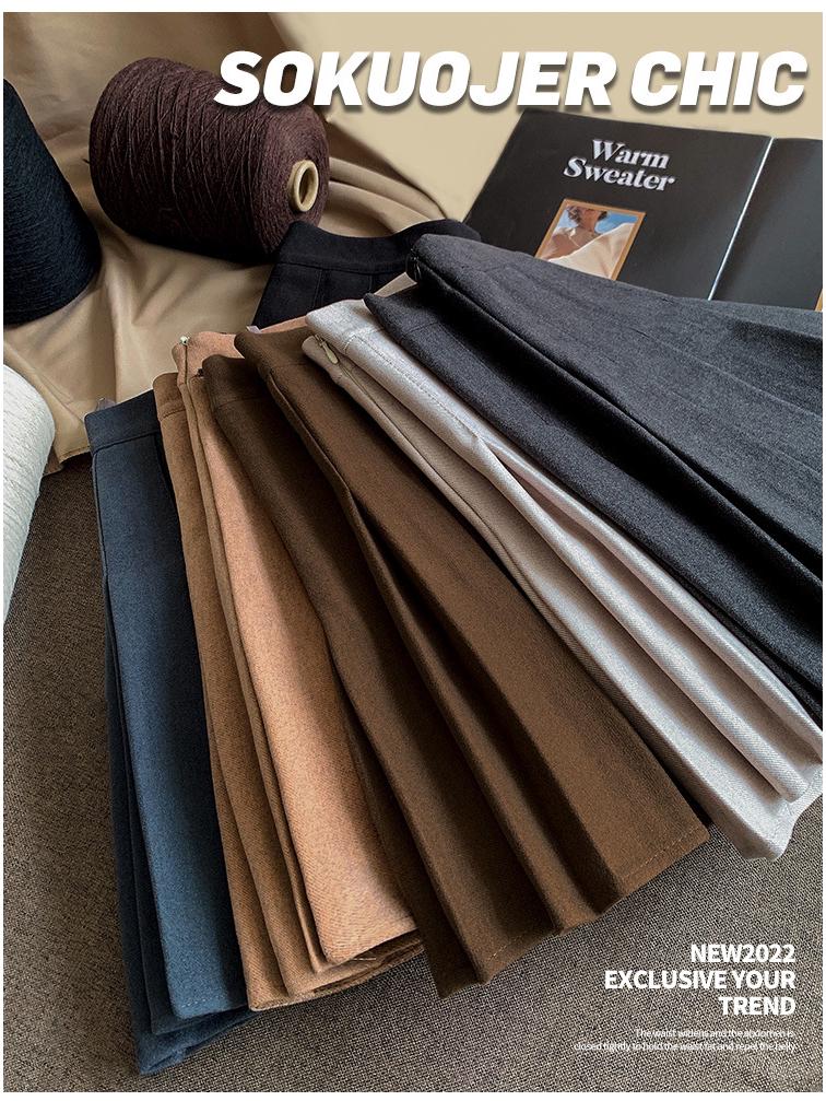 Women's High-Quality Black Wool Blend A-Line Pleated Skirt - Thick, High-Waisted, Slimming, Plus Size, Short Length for Autumn & Winter.