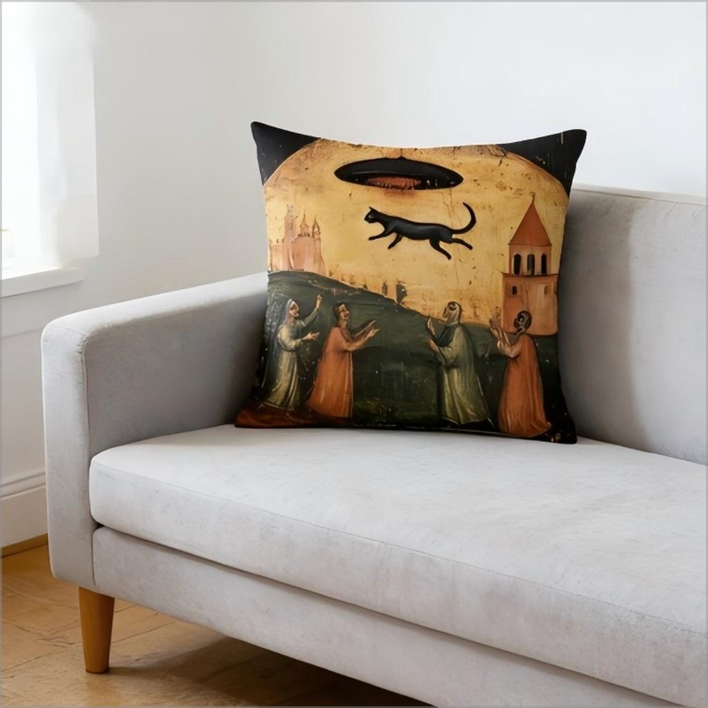 Medieval Ufo Black Cat Pillow Cover Vintage Renaissance Art Print Weird Cushion Case For Sofa Bed Couch Home Decor
