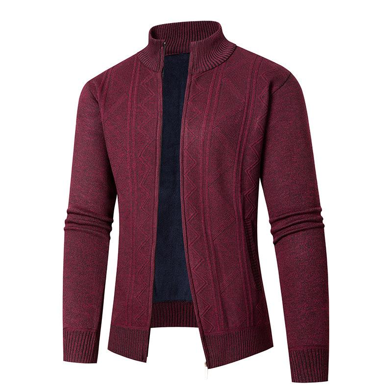 Young Casual Men Stand Collar Plus Velvet Thickened Cardigan Knitted Jacket Jacket Zipper Jacquard Knitted Thread Men
