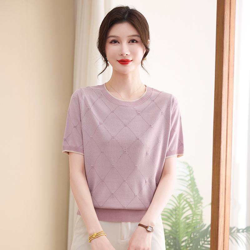 

Women s Fashion Summer Ice Silk Knit T-Shirt - Short-Sleeved Top for Middle-Aged Moms 2026 2XL (135-150 jin) фиолетовый