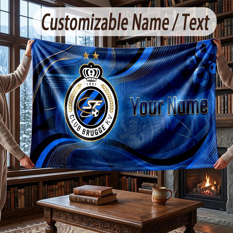 Custom Name Flannel Throw Blanket Club Brugge FC Pattern Warm Home Decoration