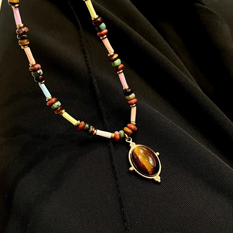 Retro Tigerauge Oval Perlen Choker Halskette mit hochwertigem Naturstein Kristall.