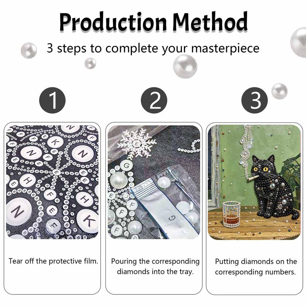 5D Pearl Painting Kit Framed with Black Cat Smoking Design Sparkling Bead Art Canvas DIY Relaxing Craft for Wall Decor Gift Home Artwork