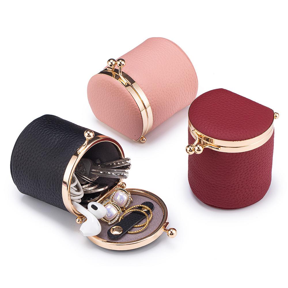 Portable Real Leather Jewelry Travel Wallet Mini Kiss-Lock Cylindrical Storage Box, Compact Organizer for Rings, Earrings, Coins