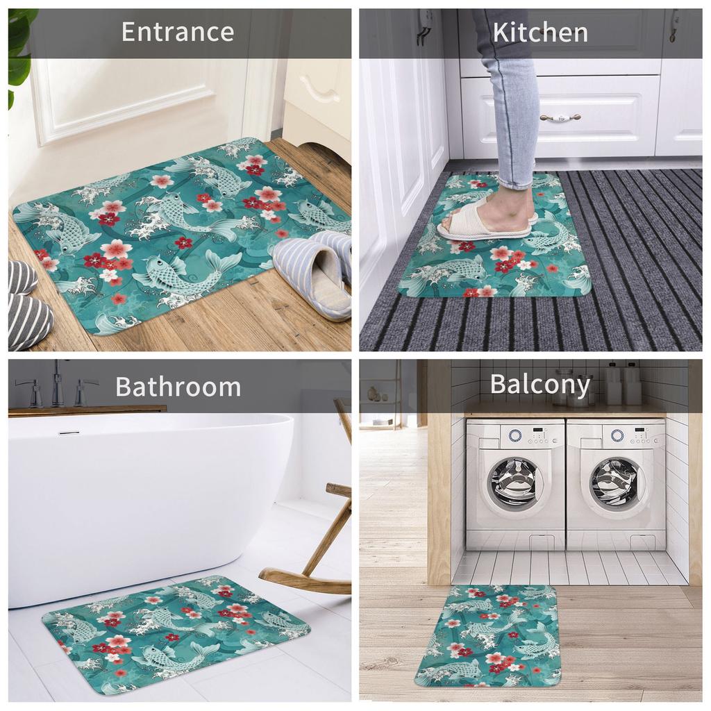 Koi Fish Sakura Blossom In Turquoise Doormat Mat Anti-Slip Cherry Flower Floral Kitchen Bath Garage Rug Carpet 40*60cm
