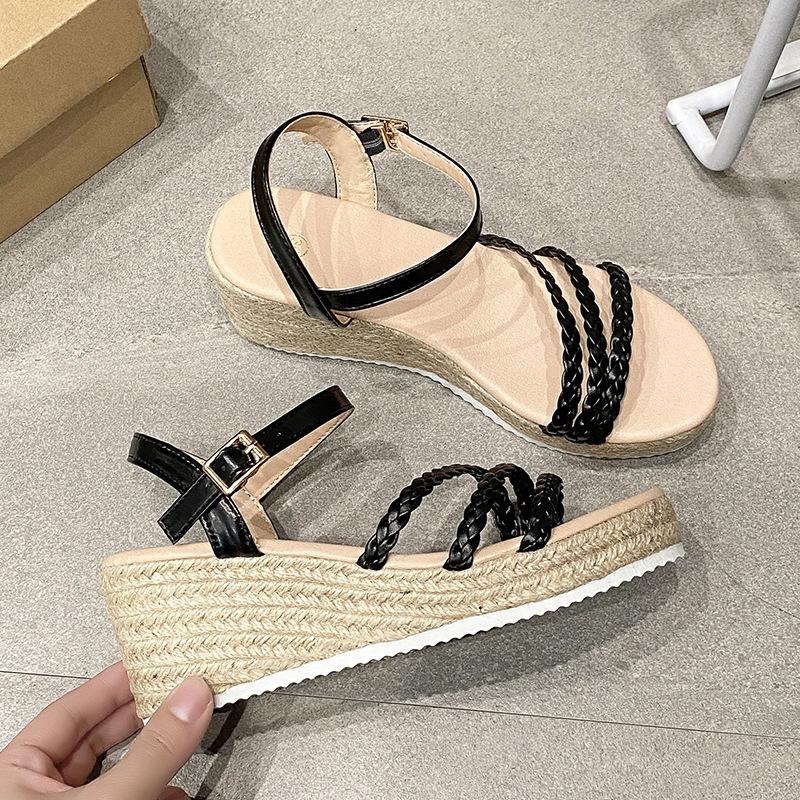 2025 Sommer neue Retro-Plateau-Keilabsatz gewebte dünne Riemen offene Zehen High Heels leere Sandalen Damen