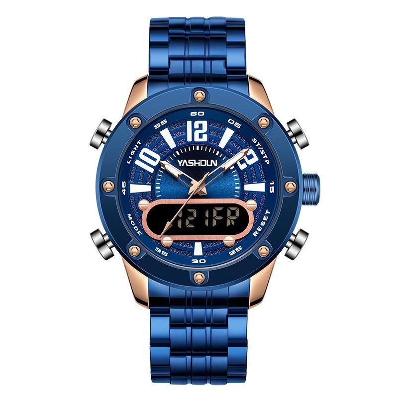 Top Brand Multifunctional Dual Display Electronic Watch Sport Men's Watch Steel Strap Quartz Wrist Watch