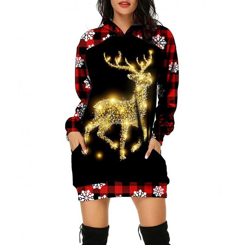 Women‘s Round Neck Long Sleeve Loose Fit Hoodie Dress 3D Print Casual Gown