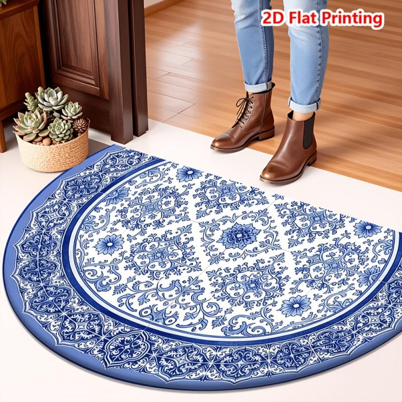 Blauw en Wit Porselein Halve Cirkel Deurmat Traditioneel Chinees Bloemen- en Vogelpatroon Antislip Vloermat voor Oosterse Woning 50x80cm-Felt