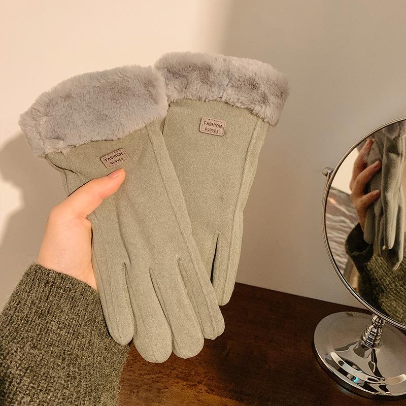 Suede gloves winter women's fleece thickened