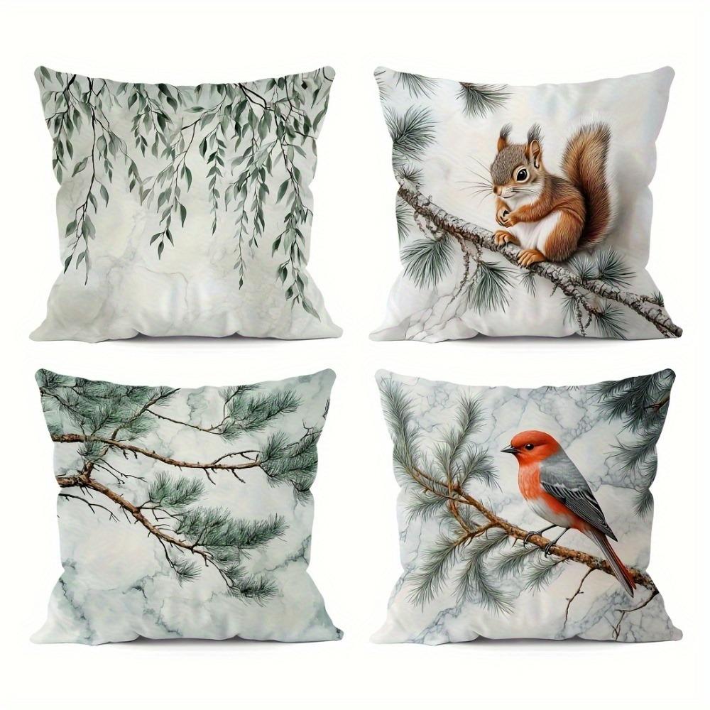Whimsical Forest Animal Pillowcase: Squirrel & Bird With Pine Willow Pattern Cushion Cover For Fresh Sofa Living Room Home Decor