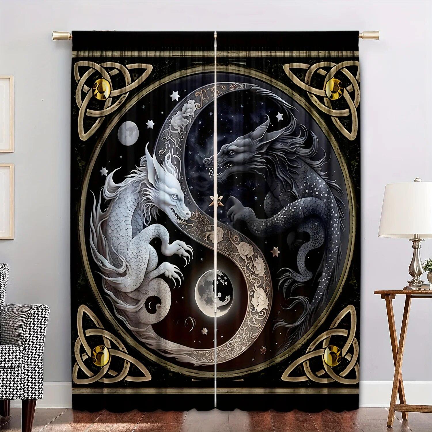 

1PC HD Digital Printed Curtain Rod Pocket Black Tai Chi Golden Silvery Dragon Print For Living Room Bedroom W50xH130(CM)x2PCS-Rod pocket