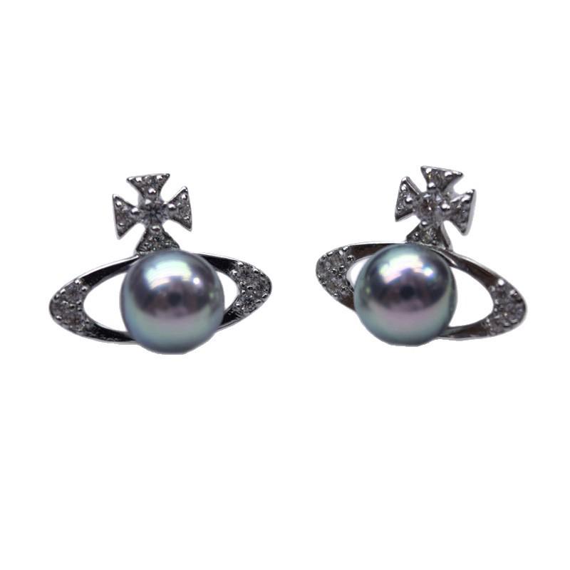 Akoya Saltwater Madama Pearl Stud Earrings, Saturn Empress Dowager Style, Silver Blue Undyed Pearl Jewelry